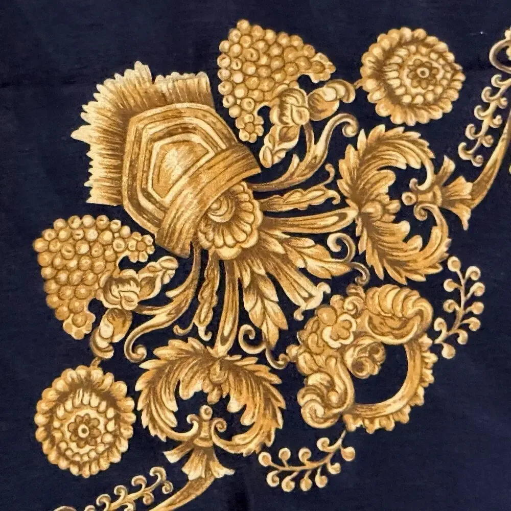 VTG Echo Luxury Black Gold Floral Scroll Tassel Motif Silk Scarf 29” X 30”